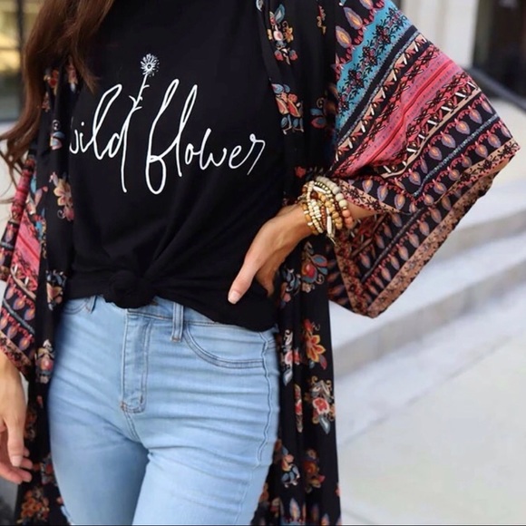 Tops - Boho Mixed Pattern Flowy Sleeve Kimono